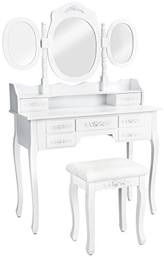 tectake® Schminktisch, Schminktisch Organizer mit 7 Schubladen und 3 Spiegeln, Kosmetiktisch inkl. Hocker, Schlafzimmer Deko Möbel, 90 x 40 x 145 cm, weiß