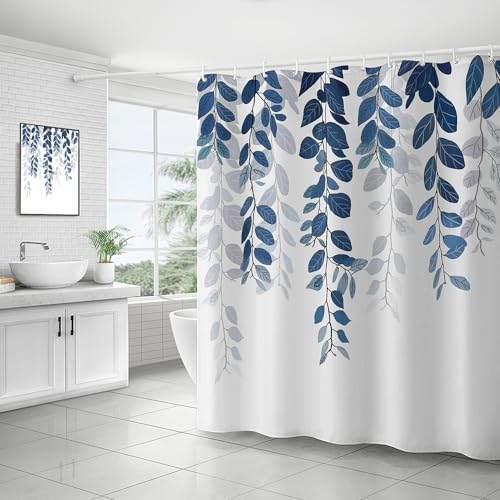 Lerores Duschvorhang 240x200cm Blaublatt, Beschwerter Saum Antischimmel Textil, Wasserabweisend, Waschbar Polyester Stoff Badevorhänge mit 16 Ösen und Duschvorhangringe für Badezimmer, Badewanne