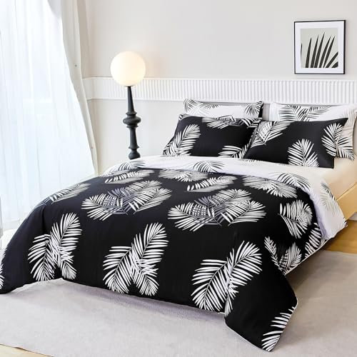 Jemiipee Set Copripiumino Reversibile Letto Singolo Motivo a Foglie di Palmiro Tropicale, 1 x Copripiumino 150x220 cm e 1 x Federa 50x75 cm Completo Sacco Parure Letto Moderno Microfibra Nero