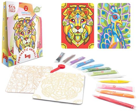 Sabbiarelli Sand-it For Fun - Bag Fantastic Animals Fantastische Tiere - Mini Kreativ Bastelset: Färben mit Sand Zeichnungen der fantastischen Tiere, 12 Farben, Kindergeschenk ab 8 Jahren