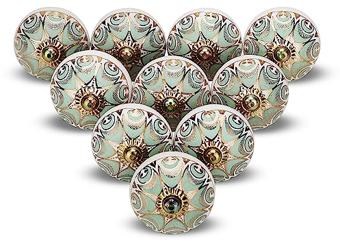 Boho Cabinet Knobs Handmade Ceramic Dresser Pull Handle, 4 Piece Dressing Drawer Knob Cupboard Door Pull Farmhouse Decor Furniture Hardware Gold Wardrobe or Decorative Knobs - Pack of 4, Light Green