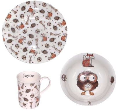 Personalised Bone China Woodland Animals Breakfast Set- 8 INCH Plate, Mug, and Oatmeal Bowl