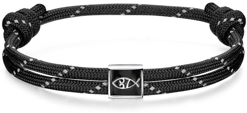 J.Endéar Nautical Surf Armband für Herren, Christian Fish Armband Silber 925 für Damen, Paracord Segeltau Armband Schwarz für Jungen