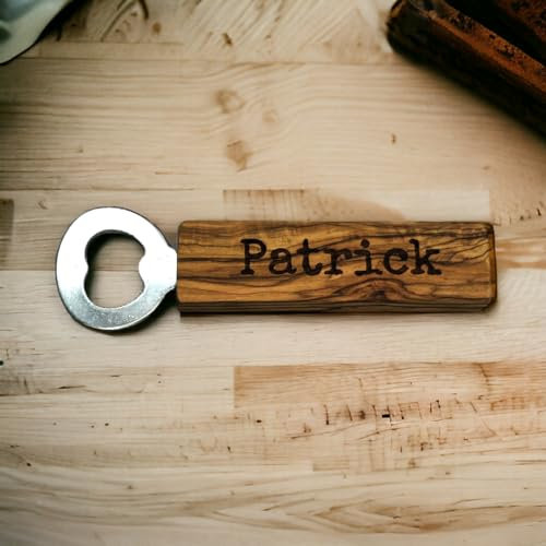 personalisierter Flaschenöffner mit Griff aus Olivenholz, Flaschenöffner mit persönlicher Note, dein Wunschtext graviert auf Griff, ideal als Mitbringsel und Gastgeschenk, ca. 15 cm x 3 cm