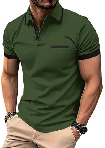 Zitysport Polo Hombre Manga con Bolsillo en el Pecho Golf Polo Transpirable de Secado Rápido Poloshirt Deporte Slim Fit Tshirt Verano Camisa Militar Verde-3XL