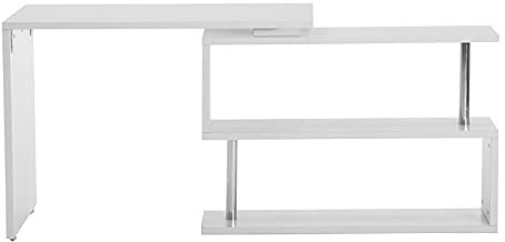 Escritorio esquinero en forma de L para PC, portátil, estación de trabajo de estudio con 2 niveles, bandeja de almacenamiento giratoria de 360 grados, color blanco