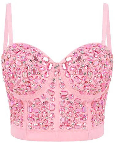 Naimo Reggiseno sexy da donna con strass push up crop top corsetto reggiseno glitter cristallo canotta cami gilet party club wear, Colore: rosa., L