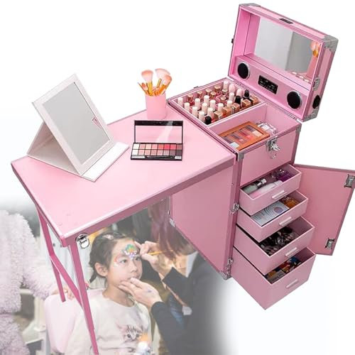 DPLWJPP Aluminum Trolley Makeup Train Case,Portable Mobile Manicure Desk,Rolling Manicure Table,For Makeup Salon Travel Cosmetic Trolley Storage Organizer,Pink
