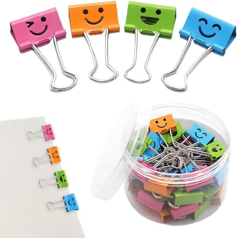 Foldback Klammern,Metallklammern,40 Stück Farbige Papierklammern Mit Niedlich Lächelndem Gesicht,Klammern Metall,Foldbackclips Für Büro,Bunt Dokumentenklammer,Für Bürobedarf Notizen Und Gewürzklammer