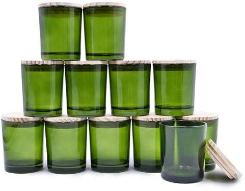 SHOWIN Dicke Kerzengläser zur Herstellung von Kerzen, 12 Stück, leere Gläser mit Holzdeckel für die Kerzenherstellung, Probenbehälter, 200 ml, transparent grün