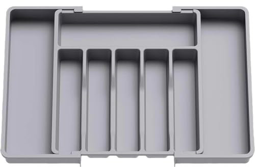 HIYAA Plateau d'Ustensiles Extensible pour Tiroir,Range Couverts,Organisateur de Tiroir pour la Cuisine,Support de Rangement en Plastique pour Couverts, Cuillères, Fourchettes,etc,Gris