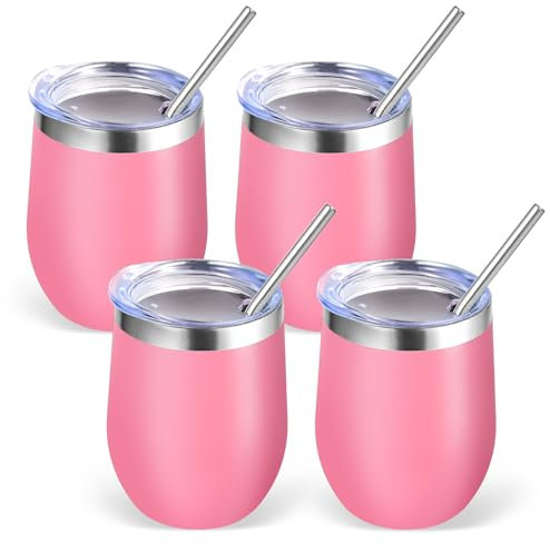 Volhoply 12oz Stainless Steel Wine Tumbler with Lid Bulk 4 Pack,350ml Double Wall Vacuum Stemless Wine Glasses,Metal Travel Coffee Mug with Straw,Insulated Cup Gifts for Women,Christmas(Pink,4 Set)