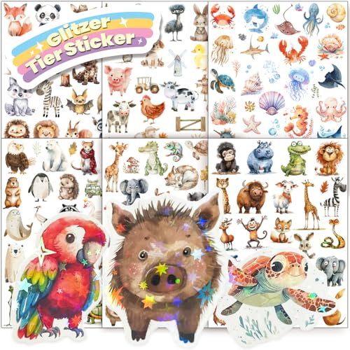 Adesivi con glitter con effetto glitterato, 6 pezzi, oltre 150 motivi, adesivi per animali, animali della foresta, per bambini, ragazze, scrapbooking, album fotografici, regali (non riflettenti)