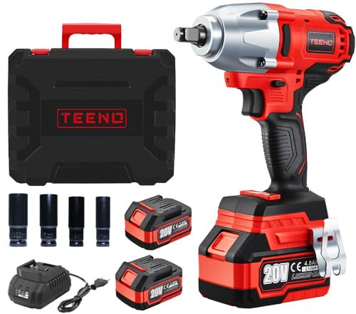 TEENO Chiave a impatto senza fili Brushless 1/2 600Nm 20 V con 2 x 4000 mAh Batteria, Avvitatore a urto con 4 boccole a urto (17/19/21/22 mm), per l'automobile e l'uso domestico (due batterie)