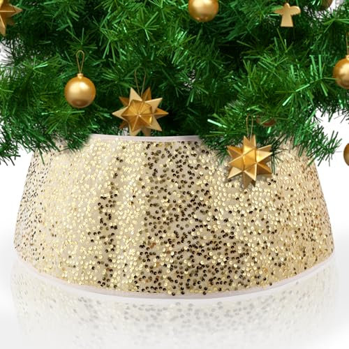 Collar de Árbol de Navidad con Lentejuelas Brillantes - Falda y Anillo para Base de Árbol - Cubierta Decorativa (Oro)