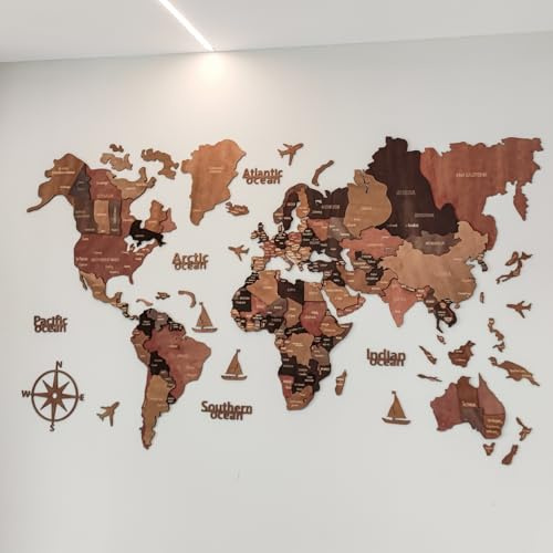 HYGRAD® World Map Wall Art Wooden 3D Vintage Style Large Wall Decor World Map Adhesive Wall Mount Travellers Gift Suitable For Office Hallway Living Room (XXL (300x180cm))