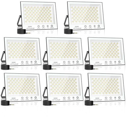 Wowspeed 200W LED Strahler Außen, 20000LM Superhell, 6500K Kaltweiß Außenstrahler, IP66 Wasserfest Scheinwerfer für Hinterhof, Auffahrt, Garage, Flur, Garten - 8 Stück