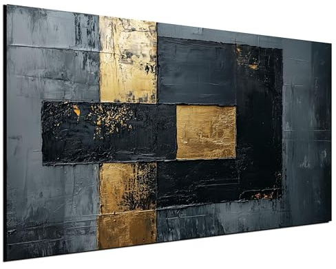 DARO Design® Leinwand Bilder Groß 70x50 cm Wanddeko Wohnzimmer Aesthetic Room Decor Deko Zimmer Wandbilder Modern Bild auf Leinwand Schwarz Gold Grau Kubisch