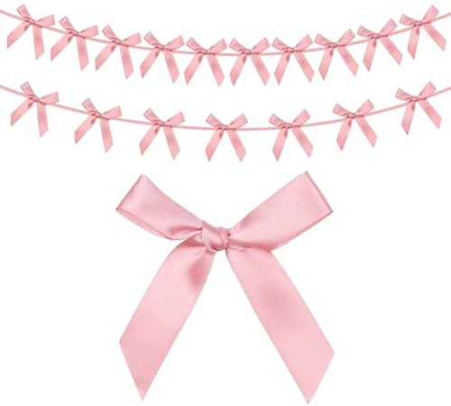 G2PLUS 2PCS Pre-Strung Bow Garland, Pink Satin Ribbon Bow Bunting Banner | 2.5m Pink Bunting, 12 x 13CM Hanging Bow Garland for Birthday, Baby Shower, Hen Party, Wedding