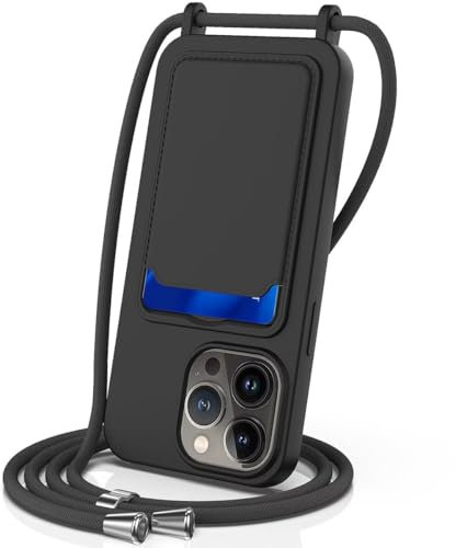 FMPCUON Handykette Flüssigsilikon Hülle für iPhone 13 Pro Max mit Band,Handyhülle mit Kartenfach,Necklace Schutzhülle mit Abnehmbar Kordel zum Umhängen Stossfest Bumper,Schwarz