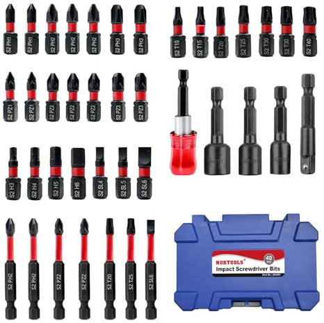 NORTOOLS 40PCS Impact Screwdriver bit Set Phillips, Slotted and Torx, S2 Steel，Magenetic Nut Driver Set for Impact Drills and Premium Deep Drivers,Retractable Bit Holder and 1/4'' Quick Chang