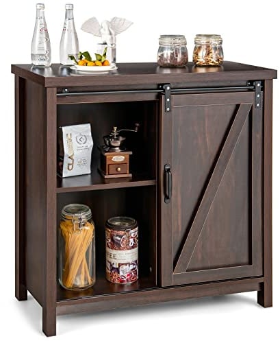 COSTWAY Sideboard Holz, Küchenschrank mit Schiebetüren & 4 Fächern, Buffetschrank industriell, Beistellschrank freistehend für Küche, Esszimmer, Wohnzimmer, 80 x 40 x 82 cm, Braun