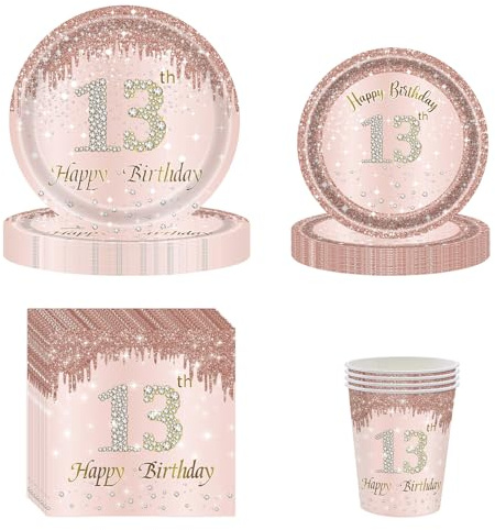 YRsorn 13 Geburtstag Mädchen Partygeschirr - Deko 13 Geburtstag Mädchen, Pappteller, Becher, Servietten für Tischdekoration für 20 Gäste