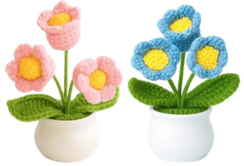 PSFXBM Crochet Flowers, Crocheted Flowers, Handmade Crochet Orchid Pots, Decorative Floral Arrangement for Home and Office, Car Accessories, Gift for Special Occasions (Pink and Blue)