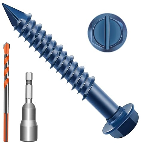 Zynthor 6.5 x 70mm Concrete Screws, 50 Pcs Blue Hex Washer Head Concrete Screws Anchor Kit with Drill Bit and Hex Bit Socket, for Masonry, Cement, Block, Brick or Stucco