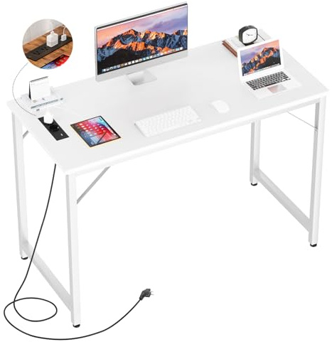 iSunirm 32 inch White Computer Desk with Power Outlets, Small Gaming Desk, Compact Home Office Desk for Small Spaces, Study Writing Table for Bedroom, Kids, Teens
