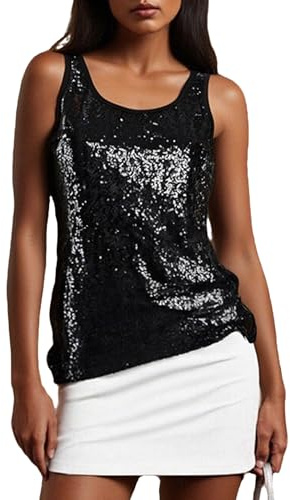 Damen Sparkly Pailletten Top Ärmellos Rundhals Breiter Träger Weste mit Full Front Glitzer für Nachtclub Karneval Rave Party