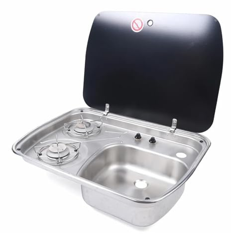 ZQFHSX Cucina per Camper, roulotte, Barca, Piano Cottura a Gas a 2 fuochi e lavello con Coperchio in Vetro temperato, lavabo in Acciaio Inossidabile, Cucina per Camper