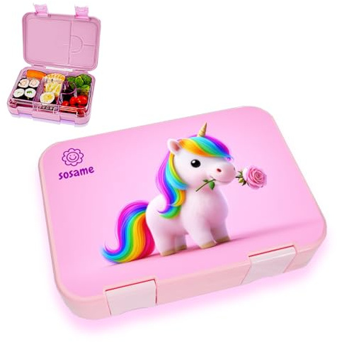 sosame Brotdose für Kinder mit 6 Fächern - Bento Lunchbox auslaufsicher - Jausenbox für Schule & Kindergarten (Rosa-Einhorn-Rose)