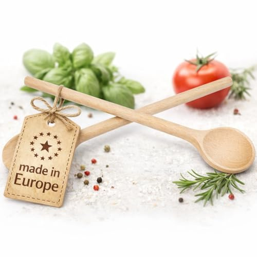 Wooden Cooking Spoons Set of 2 - Wooden Cooking Spoons Made of European Beech Natural - Wooden Spoon for Cooking with Round Spoon - Sustainable & Durable - German Quality Brand (2 x 25 cm)