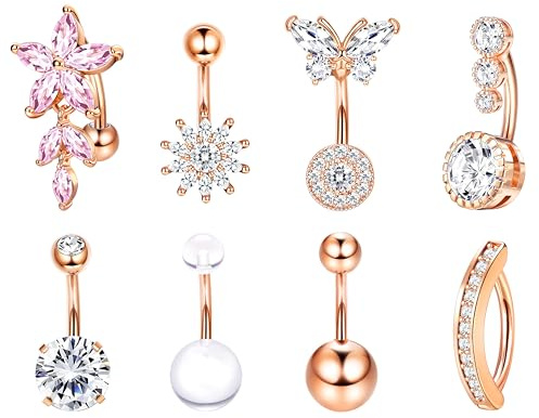 Dochais 8Stück 14G Bauchnabelpiercing Chirurgenstahl Bauchnabel Ring Set | Cubic Zirkonia Nabelpiercing für Damen Hypoallergen Bauchnabelpiercing Ring Silber /Gold / Roségold Piercing Schmuck