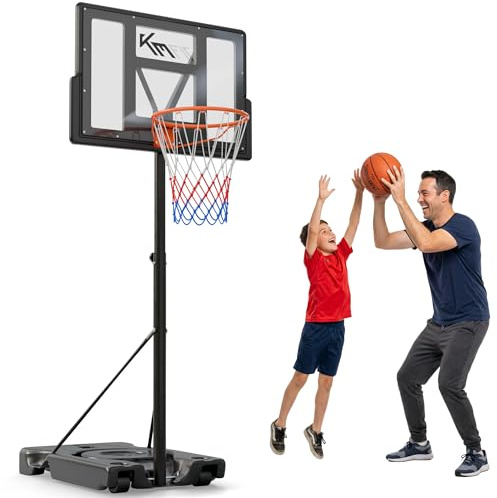 KM-Fit Basketballkorb Outdoor für Kinder & Einsteiger | Mit Ständer höhenverstellbar | Mobiler Basketball Korb mit Rollen & Ballablage | inkl. 2 Netze