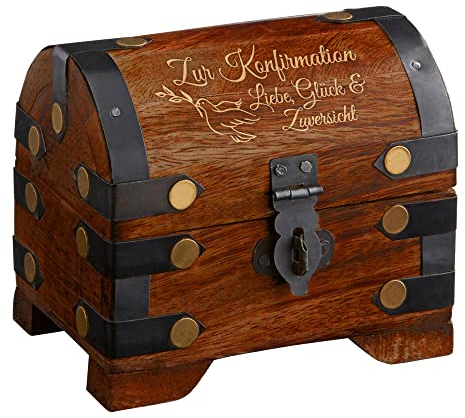 Casa Vivente Kleine Geldschatztruhe mit Gravur zur Konfirmation, Motiv Taube, Dunkles Holz, Vintage Bauernkasse, Verpackung für Geldgeschenke, Geschenkideen für Konfirmanden