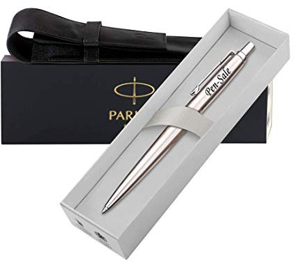 PARKER Personalised Engraved Jotter Ballpoint/Fountain Pen/Set in a Leather Pouch, Personalised Gifts For Anniversary, Christmas - Enter Your Custom Text (Chrome Black Ink)