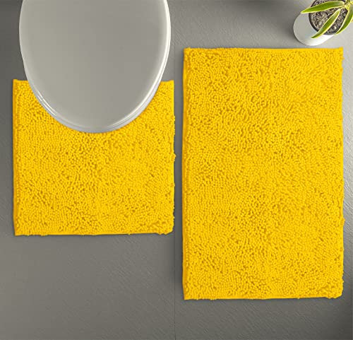 LuxUrux Luxury Chenille (2-Piece) Bath Mat Set, Soft Plush Anti-Slip Rug + Toilet Mat.1'' Microfiber Shaggy Carpet, Super Absorbent (Lemon, 80 x 50 cm + U Shaped 50 x 50 cm)