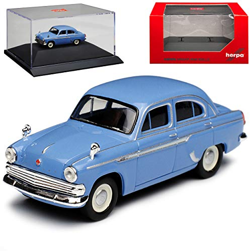 Moskwitsch 403 Limousine Blau DDR 1962-1967 mit Sockel und Vitrine H0 1/87 Herpa Modell Auto