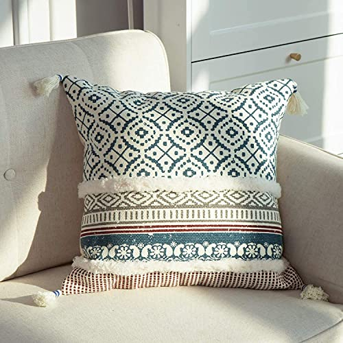 hi-home 1 Stück Boho Kissenbezug, Dekorative kissenbezüge mit Quaste Baumwolle Sofakissen 50x50cm Kissenhülle Dekokissen Kopfkissenbezug Kissen Boho Style für Sofa Schlafzimmer Wohnzimmer (Blau)