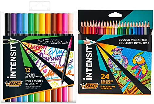 BIC Intensity Filzstifte, Dual Brush Pen zum Malen in 12 verschiedenen Farben & Buntstifte, Dreikant-Aquarellstifte, Malstifte zum Malen in 24 Farben, im Karton Etui, Bruchsichere Mine & ohne Holz