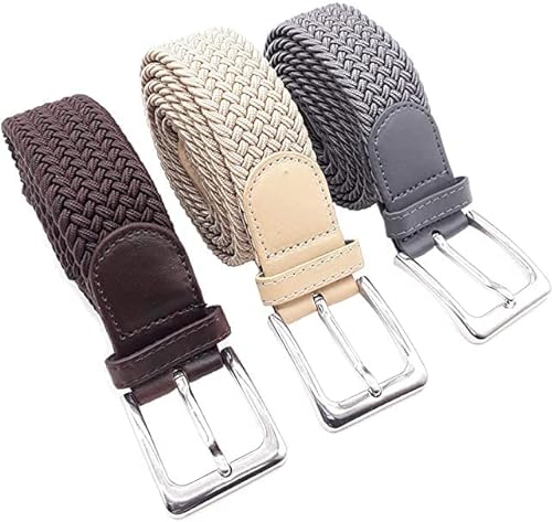 Matec 3 Stück Stretchgürtel mit 120 cm Gesamtlänge und 3,5 cm Breit elastisch geflochten u dehnbar 1 x Braun 1 x Beige und 1 x Grau., BBG120
