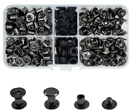 MABAHON Lot de 80 vis Chicago de M5 x 6 mm,kit de rivets pour cuir cruciform, vis métal clou rivet bouton de remplacement pour livres Album Sacs Craft Collier Bagage Sac à dos Ceinture (Noir)