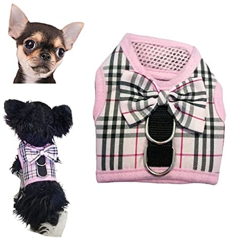 XXXS XXS XS Tiny Teacup Chihuahua Puppy Dog Harness for TINY Teacup Miniature Breeds Kitten Yorkie Maltese Terrior Puppy Dogs (Pink Tartan, Size 1: XXXXS - XXXS)