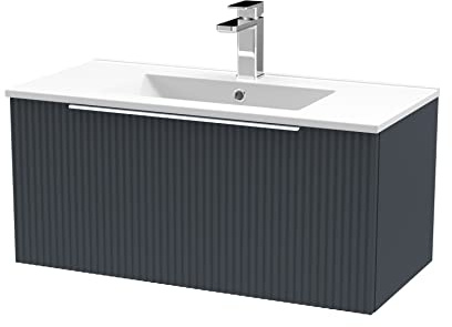 Hudson Reed DFF1496B Fluted Modern Bathroom Wall Hung 1 Drawer Vanity Basin Unit with Minimalist Ceramic Basin, 800mm, Soft Black