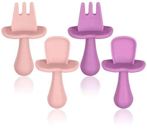 Vicloon Posate Ergonomiche per Apprendimento Bambino, 4 Pezzi Cucchiaino Svezzamento, Set di Posate per Bambini in Silicone, Posate per Incoraggiare il Bambino a Mangiare in Modo Indipendente