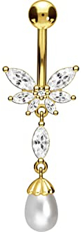 PIERCINGLINE Chirurgenstahl Bauchnabelpiercing SCHMETTERLING + SYNTH. PERLE Bananabell Piercing Goldfarben