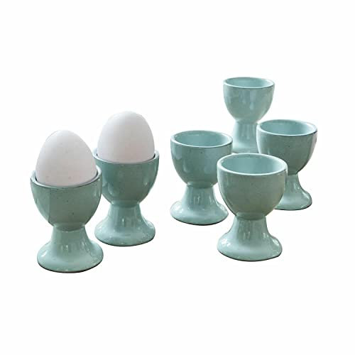 LOBERON Eierbecher 6er Set Biarré - Steingut mit Zierendem Farbrand - Handgetöpfert - Glänzende Oberfläche - 6.5cm, türkis
