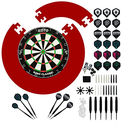 KOTO - King Classic Edition Rot Incl. Surround & Accessory Kit Steeltip 90 Stücks, 2 Sets Dartpfeile 23 G, 6x3 Flights, 6x3 Shafts